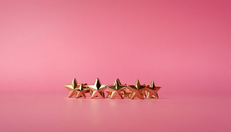 Five gold stars on a pink background. 3d rendering, 3d illustration.の素材