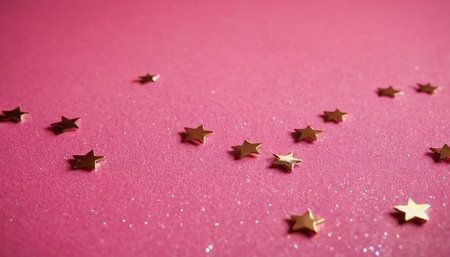 Gold stars confetti on pink background. Festive background with copy space.の素材