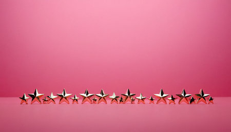 Five gold stars on a pink background. Christmas or New Year concept.の素材