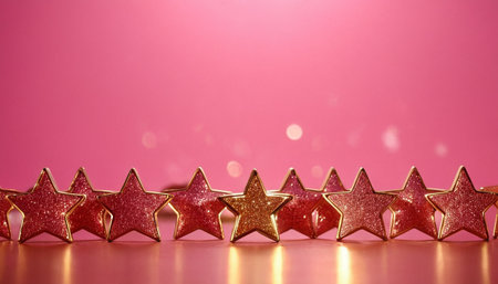 Gold stars on a pink background with bokeh and copy spaceの素材