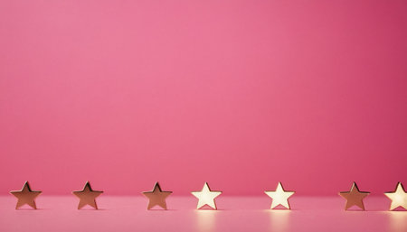 Five gold stars on a pink background. Minimalism concept.の素材