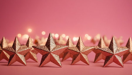 Christmas and New Year background with golden stars on a pink background.の素材