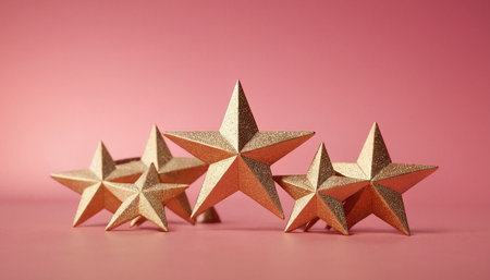Golden stars on a pink background. Christmas and New Year concept.の素材