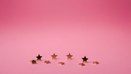 Five gold stars in a row on a pink background with copy spaceの素材