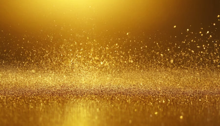 Golden glitter particles bokeh abstract background. Texture of gold dust.の素材