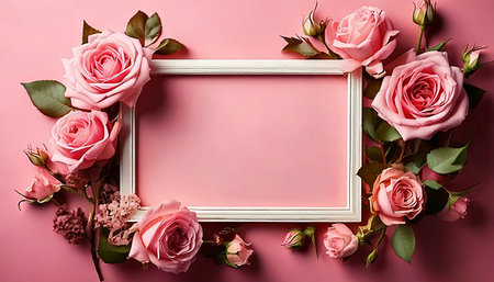Flowers composition. Frame and roses on pink background. Flat lay, top view, copy spaceの素材