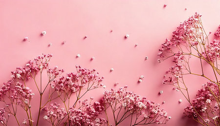 Flowers composition. Gypsophila flowers on pink background. Flat lay, top view, copy spaceの素材