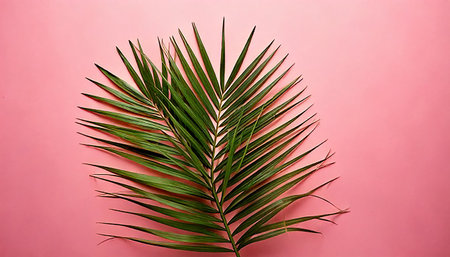 Palm leaf on pink background, top view. Flat lay.の素材