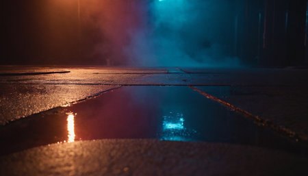 Reflection of street lights in puddle at night. Abstract foggy background. Selective focusの素材
