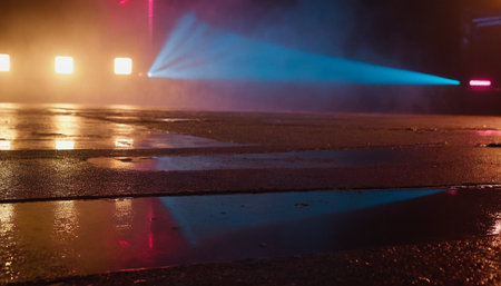 Light in the wet asphalt road at night with fog and lights.の素材