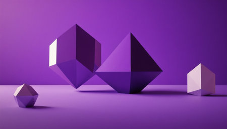 Abstract 3d rendering of geometric shapes. Purple background. Minimal composition.の素材