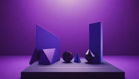Abstract minimal scene with geometric shapes. 3D rendering. Violet background.の素材