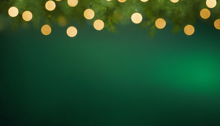 Green christmas background with bokeh lights and snowflakesの素材