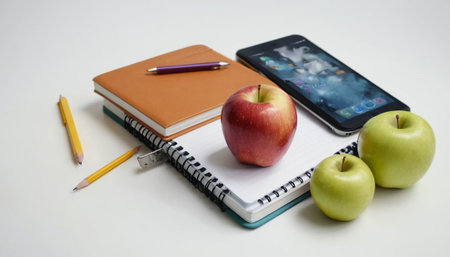 Back to school concept. Apple, notebook and pencil on white backgroundの素材