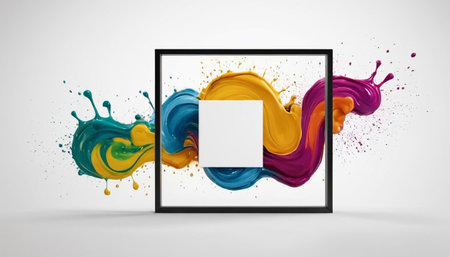 3d render of frame with colorful paint splashes on white backgroundの素材