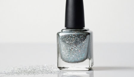 Nail polish bottle on a white background with sparkles, close upの素材