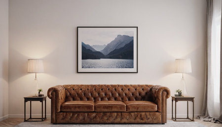 Living room interior with a brown sofa and a picture on the wallの素材