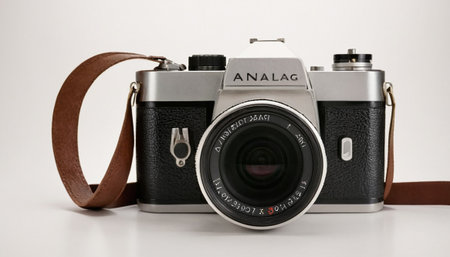 Vintage camera with leather strap isolated on white background. Studio shot.の素材
