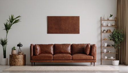 Modern living room interior with brown leather sofa 3d rendering mock upの素材