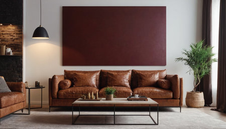 Interior of modern living room with brown leather sofa and black coffee tableの素材