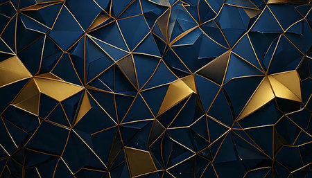 3d rendering of abstract geometric background with golden and dark blue elementsの素材