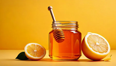 Honey in a jar with lemon and honey dipper on yellow backgroundの素材