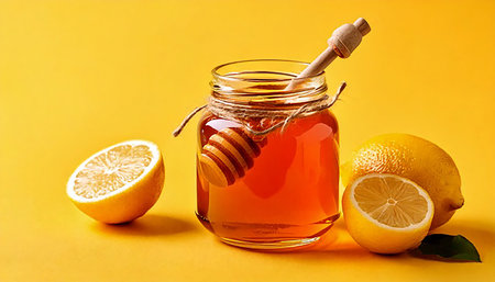 Jar of honey with lemon and honey dipper on yellow background.の素材