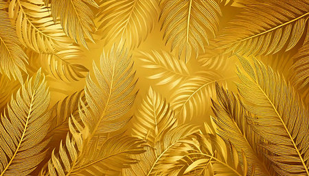 Seamless pattern of golden palm leaves on a gold background.の素材