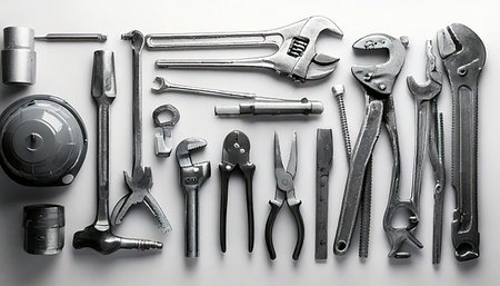 Assorted tools on white background. Top view. Flat lay.の素材