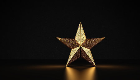 Golden star on a black background. 3d rendering, 3d illustration.の素材