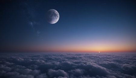 Aerial view above the clouds with moon and stars. 3d illustrationの素材