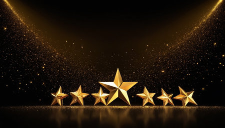golden stars on a black background, 3d rendering, horizontal imageの素材