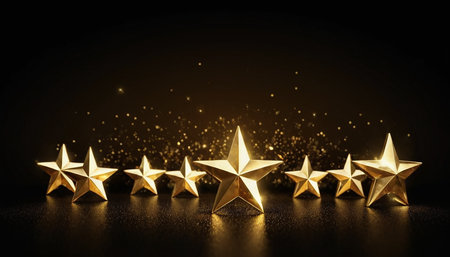 Five golden stars on black background with bokeh and copy spaceの素材