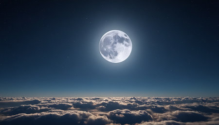 Beautiful view above clouds with full moon. 3d rendering illustrationの素材