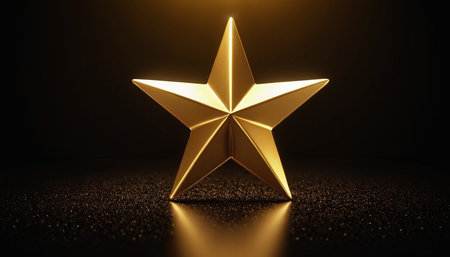 Golden star on a black background. 3d rendering, 3d illustration.の素材