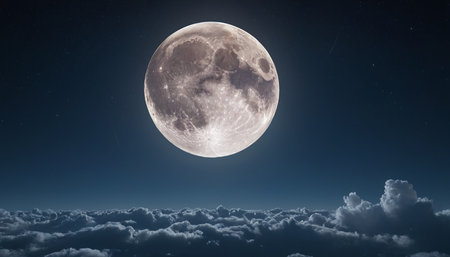 Full moon over the clouds at night 3d rendering illustration background.の素材