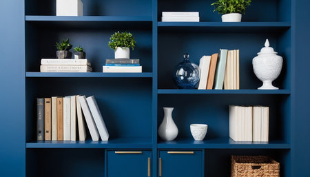 Blue bookshelf with books and vases on blue wall backgroundの素材