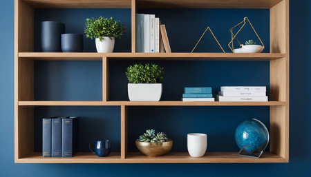 Bookshelf with books and plants on blue wall. 3d renderingの素材