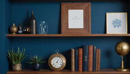 Bookshelf with books and decorations on blue wall. 3d renderingの素材