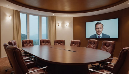 Businessman in conference room looking at the camera with a large screenの素材