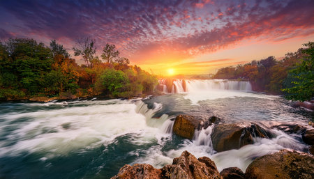 Panoramic view of Iguazu Falls at sunset, Argentinaの素材