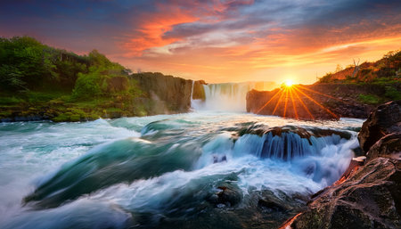 Godafoss waterfall in Iceland at sunset. Beautiful nature landscape.の素材