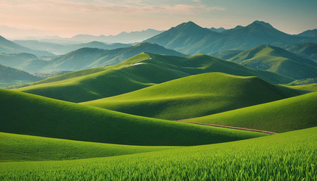 Beautiful summer landscape with green fields and mountains in the background.の素材