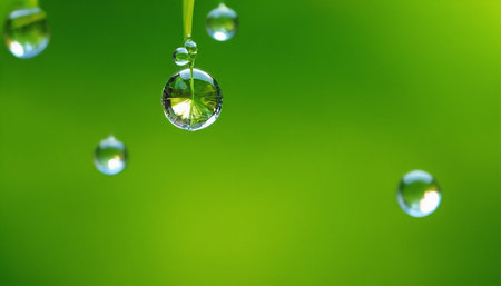 water drops on green grass background, macro photo with shallow depth of fieldの素材