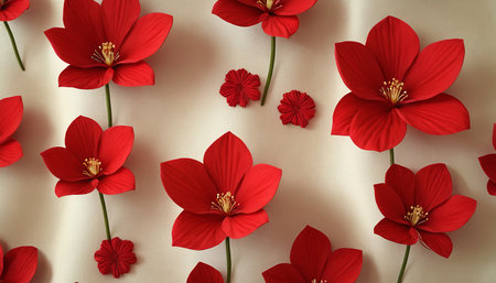 Red flowers on a beige background. Flat lay, top view.の素材