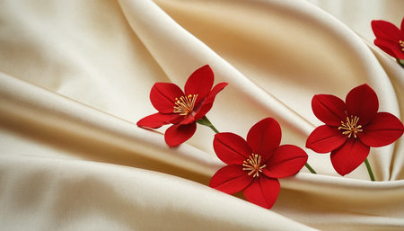 Beautiful red flowers on white satin fabric background, closeupの素材