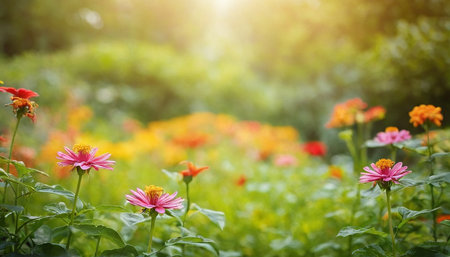 Colorful zinnia flower in the garden with sunlight background.の素材