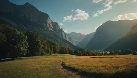 Beautiful summer landscape with meadow and mountains in the background.の素材