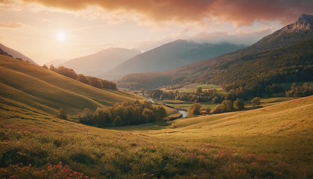 Sunset in the mountains. Colorful summer landscape with meadow and forest.の素材