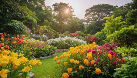 Beautiful flower garden in the morning at public park,Thailandの素材